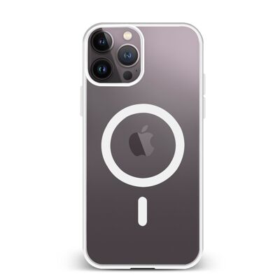 Custodia ibrida anti-shock DAM Magsafe per iPhone 14 Pro Max. Bordi in silicone e retro in PVC. 8,04x1,06x16,35 cm. Colore bianco