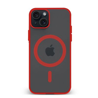 Coque hybride anti-choc DAM Magsafe pour iPhone 15.  Bords en silicone et dos en PVC.  7,44x1,06x15,04 cm. Couleur rouge