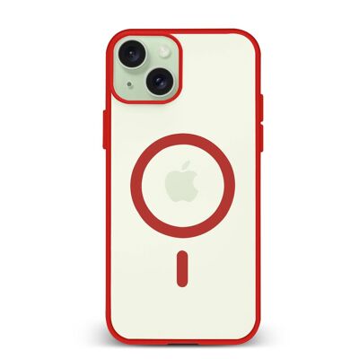 Coque hybride anti-choc DAM Magsafe pour iPhone 15 Plus.  Bords en silicone et dos en PVC.  8,06x1,06x16,37cm. Couleur rouge