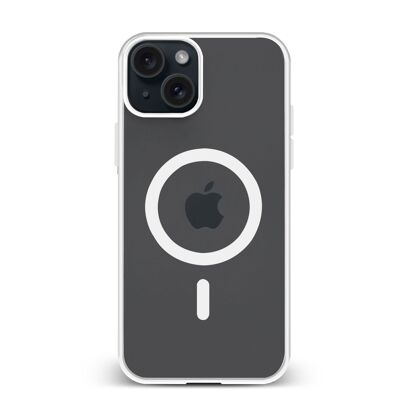 Custodia ibrida anti-shock DAM Magsafe per iPhone 15 Plus. Bordi in silicone e retro in PVC. 8,06x1,06x16,37 centimetri. Colore bianco