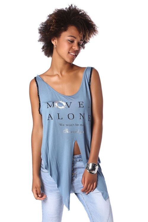 Blue logo tank top with center split