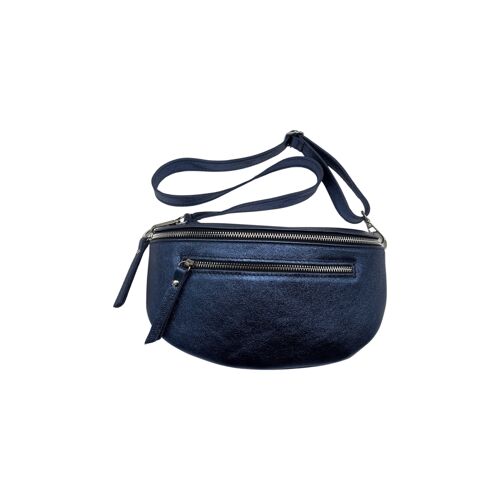 SAC BANANE 2 FERMETURES  CUIR GRAINE 30CM BLEU METALISE