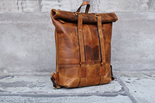 Leather Mens Roll Top Backpack Laptop Vintage Travel Bag