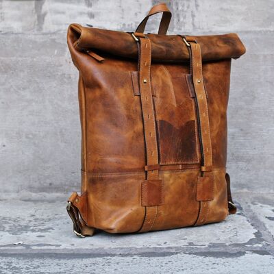 Leather Mens Roll Top Backpack Laptop Vintage Travel Bag