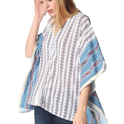 Haut poncho oversize bleu à imprimé tribu