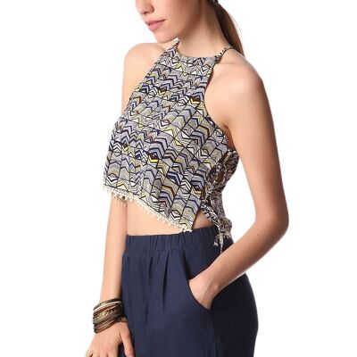 Blue printed crop top with lace up side detail