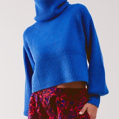 Blue ribbed knit turtleneck jumper with balloon sleeves