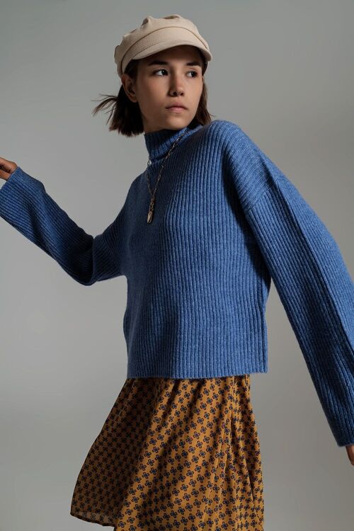 Blue soft ribbed turtleneck jumper