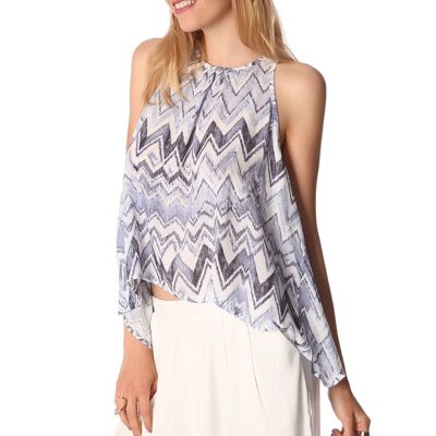 Blue top with dip back in zig zag print