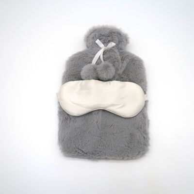 Grey Faux Fur 2L Hot Water Bottle With Cream Satin Eye Mask