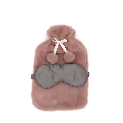 Pink Faux Fur 2L Hot Water Bottle With Grey Satin Eye Mask