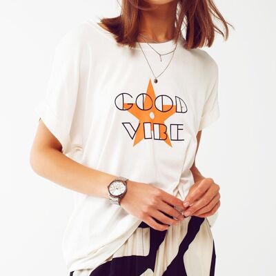 T-Shirt mit U-Boot-Ausschnitt, entspannte Passform, orangefarbenes Good-Vibe-Logo