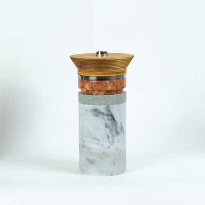 HIGH TOTEM APERITIF, composition of tower accessories in marble, wood and 316 stainless steel by bettisatti srl