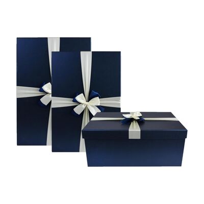 Set of 3 Dark Blue Gift Boxes, Brown Interior, Satin Ribbon