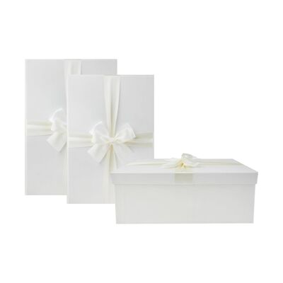 Set Of 3 Ivory Gift Boxes, Brown Interior Satin Ribbon
