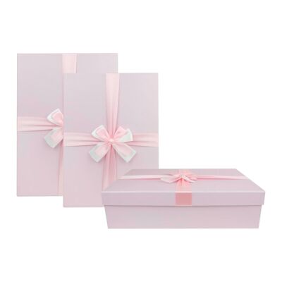 Set of 3 Baby Pink Gift Boxes, Brown Interior, Satin Ribbon