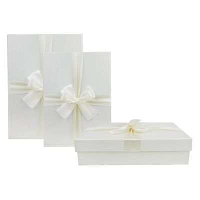 Set of 3 Ivory Gift Boxes, Brown Interior, Satin Ribbon