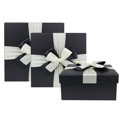 Set of 3 Square Black Gift Boxes Brown Interior Satin Ribbon