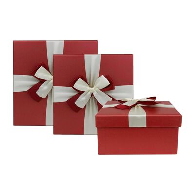 Set of 3 Square Red Gift Boxes, Brown Interior Satin Ribbon