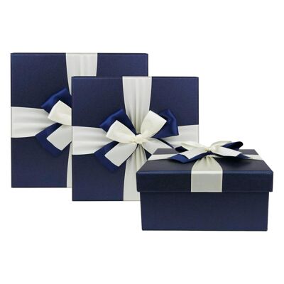 Set of 3 Dark Blue Square Boxes Brown Interior Satin Ribbon