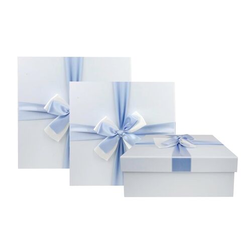 Set of 3 3 Baby Blue Square Gift Boxes Brown Interior Ribbon