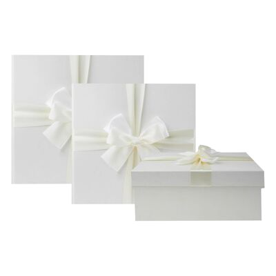 Set Of 3 Ivory Square Gift Boxes Brown Interior Satin Ribbon