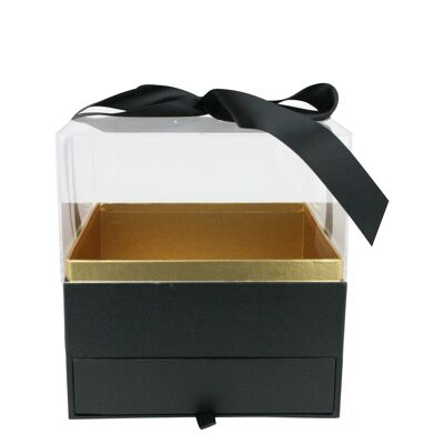 Black Box with Drawer, Acrylic Lid, Ribbon - Single