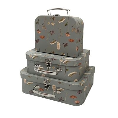 Set Of 3 Luxury Suitcase Gift Boxes Grey Leaves Flower Print