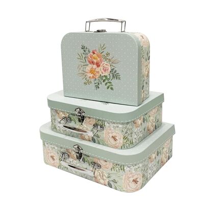 Set Of 3 Suitcase Gift Boxes Pastel Green Flower Bouquet