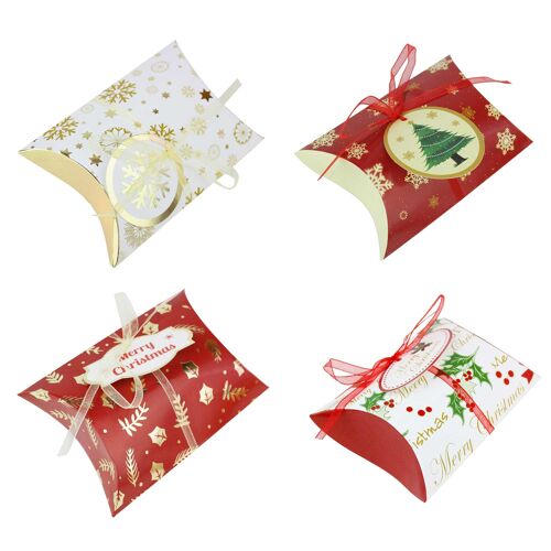 12 Christmas Pillow Boxes, 4 Designs, 3 Pcs Each, with Tags