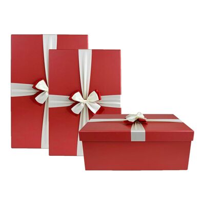 Set of 3 Red Gift Boxes, Brown Interior, Satin Ribbon