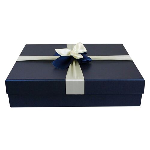 Single Dark Blue Gift Box, Brown Interior, Satin Ribbon