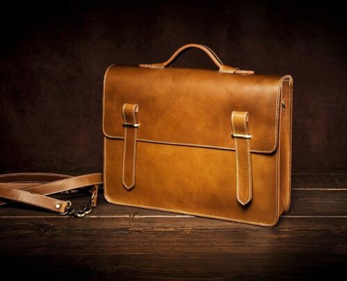 Leather Mens Womens Briefcase Laptop Business Bag Portfolio / Douglas Fir