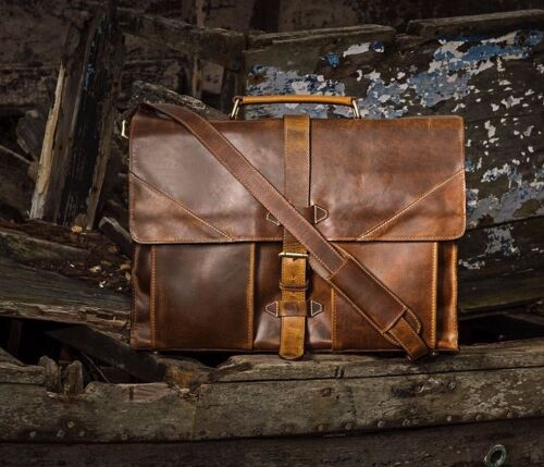 Leather Briefcase Mens Laptop Shoulder Bag Messenger Bag / Holm Oak
