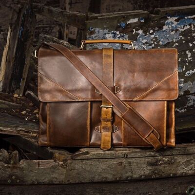 Leather Briefcase Mens Laptop Shoulder Bag Messenger Bag / Holm Oak