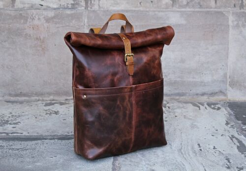 Leather Roll-Top Backpack Rucksack Laptop Office Bag Mens / Stafford