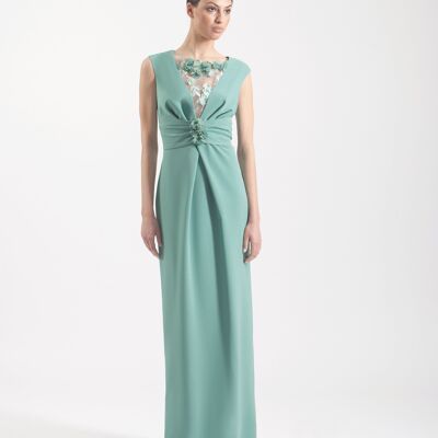 Langes Kleid aus Jade mit besticktem Tüll auf der Brust