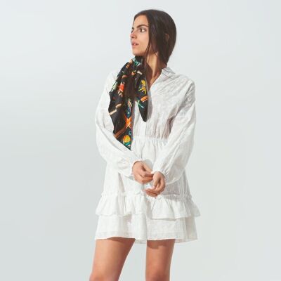 Broderie Mini Dress with Ruffles in White