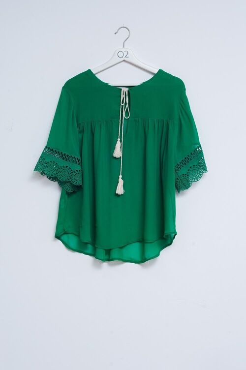 Broderie tie front blouse in green