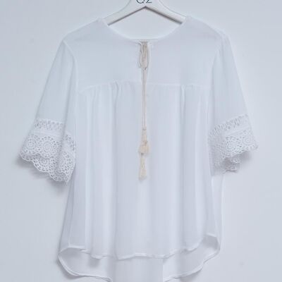 Broderie tie front blouse in white