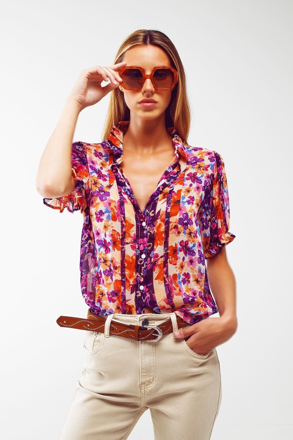 Camicia Button Down Con Stampa Floreale E Maniche Corte A Sbuffo