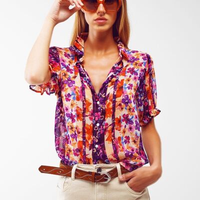 Button Down Shirt With Floral Print And Puff Short Sleeves