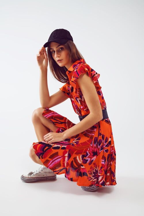 Button Down Skater Frilly Dress In Orange Floral Abstract Print