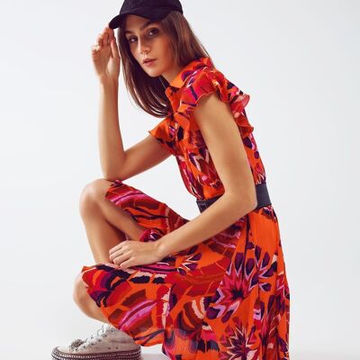 Button Down Skater Frilly Dress In Orange Floral Abstract Print