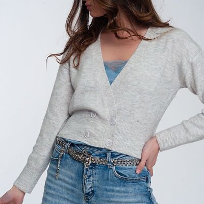Button front cropped knit cardigan in light gray