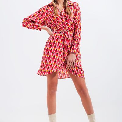 Button front tie waist printed dress in red