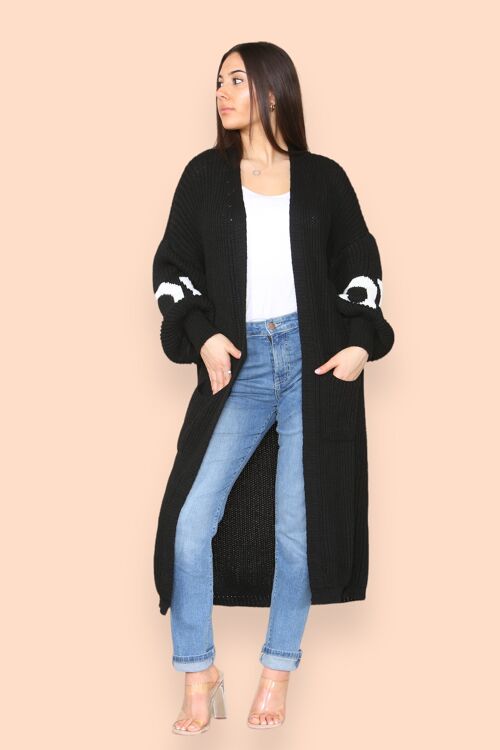 Elongated Balloon Puffy Sleeve Cardigan with LOVE Contrast Text