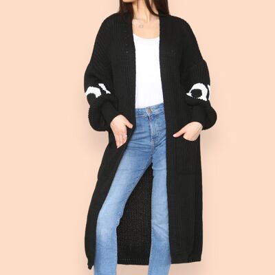 Elongated Balloon Puffy Sleeve Cardigan with LOVE Contrast Text