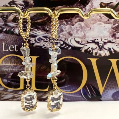 Pendientes oro/cristal, circonitas y perlas de agua dulce