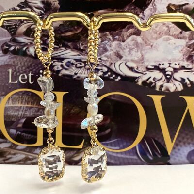 Pendientes oro/cristal, circonitas y perlas de agua dulce
